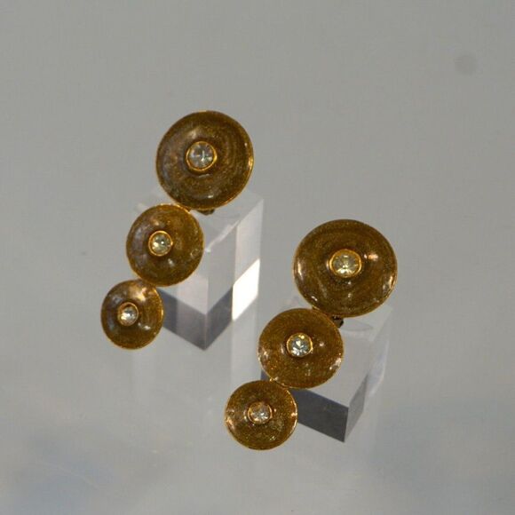 Designer Clip On Earrings Vintage Modernist Speckled Green Enamel w Rhinestones - Picture 1 of 4